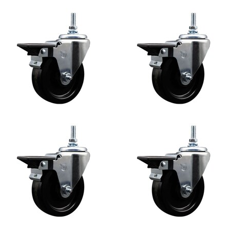 Service Caster 4 Inch Phenolic 12 MM Threaded Stem Caster Set with Brake SCC-TS20S414-PHR-PLB-M1215-4